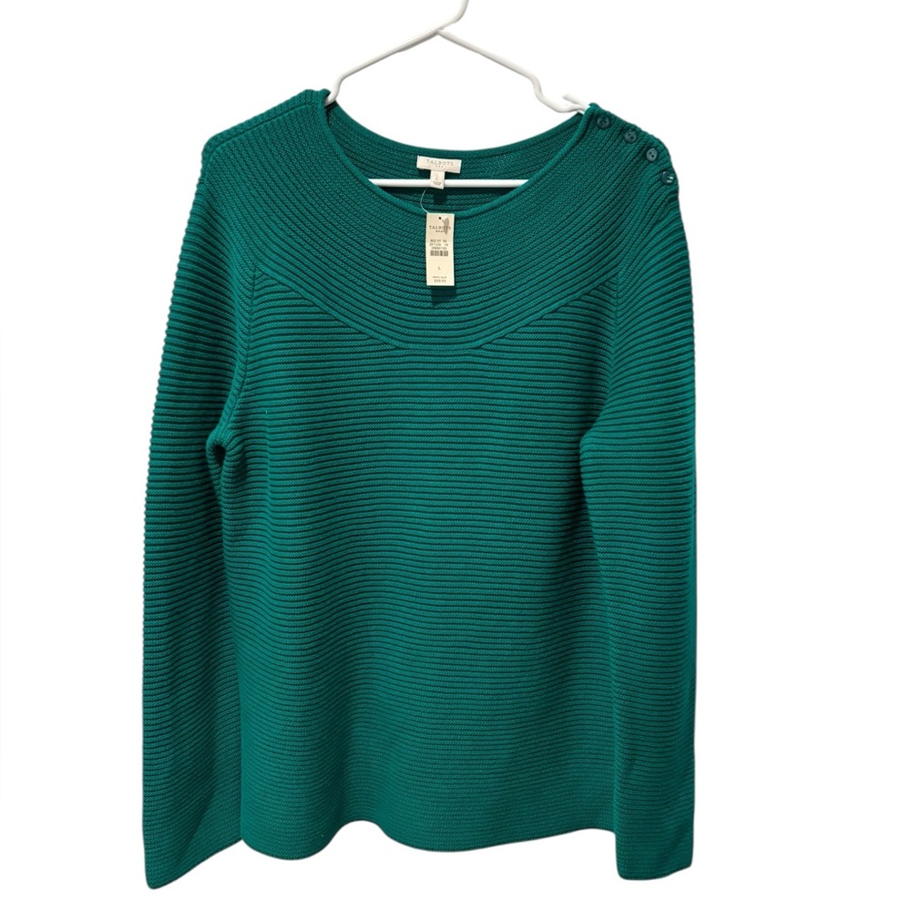 Talbots Teal Ribbed Knit Sweater Button Shoulder 100% Cotton NWT Large